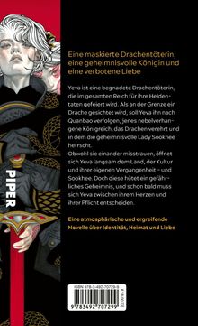 "Eine maskierte Drachentöterin, eine geheimnisvolle Königin und eine verbotene Liebe." Links Illustration einer Person.