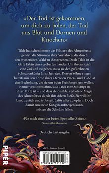 Text über schicksalhafte Ereignisse und Magie in einem eroberten Land. Illustration von Pflanzen und einem Waldmotiv.