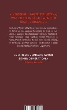 Zitat und Beschreibung eines Romans von Daniel Kehlmann, Lob von Salman Rushdie. Roter Hintergrund, weiße und rote Schrift.