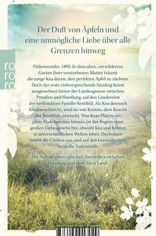 Ein romantischer Text über eine Liebe und Äpfel im Jahr 1892, mit einem grünen Logo „rororo“ links. Unten Graslandschaft.