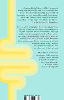 Text über Darmgesundheit und Symptome. Illustration zeigt stilisierten Darm in Gelb auf hellblauem Hintergrund.