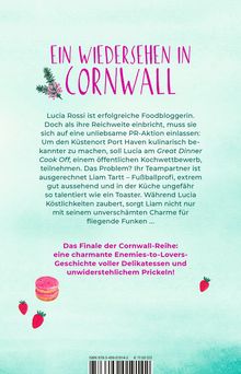 Ein Buchcover mit dem Titel "Ein Wiedersehen in Cornwall". Dekoration: Erdbeeren und Macaron. Text über Foodbloggerin.
