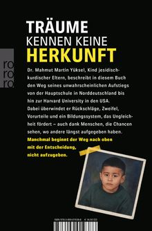 "TRÄUME KENNEN KEINE HERKUNFT" (groß), unten ein Foto eines Jungen mit ernstem Blick in einem grünen Pullover.
