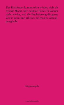 „Der Faschismus kommt nicht wieder...“, darunter „Originalausgabe“, unten Website. Hintergrund: kräftiges Pink.