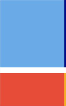 Oben hellblau, darunter rot mit schmalem weißen Streifen. Rechts ein blauer Balken und ein gelbes Element.
