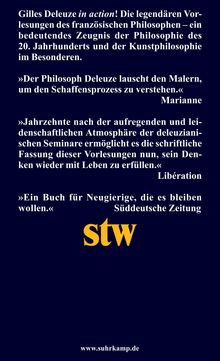 Gilles Deleuze in action! Vorträge des französischen Philosophen. Zitate von Marianne, Libération, Süddeutsche Zeitung. Logo stw.