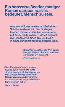 Ein herzerreißender, mutiger Roman. Anton und Alma's Geschichte einer Liebe in gespaltener Welt. Zitate von Christian Kracht und Verena Keßler. Hintergrund rosa, Text blau.