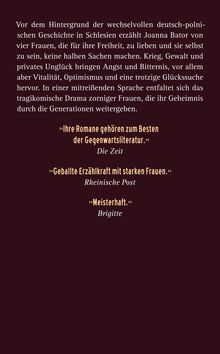 Dunkler Hintergrund mit Text über ein Buch, das die Geschichte von vier starken Frauen in Schlesien erzählt. Darunter Lob von Die Zeit, Rheinische Post und Brigitte.