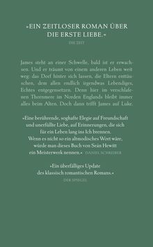 "Ein zeitloser Roman über die erste Liebe." Die Zeit. Zitate von Daniel Schreiber und Der Spiegel über ein Buch von Seán Hewitt.