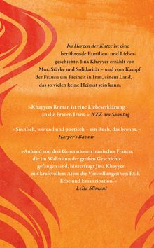 Texte: Rezensionen und Lob über Jina Khayyars Roman, betonen Mut und den Kampf iranischer Frauen. Hintergrund: Orange mit roten Mustern.