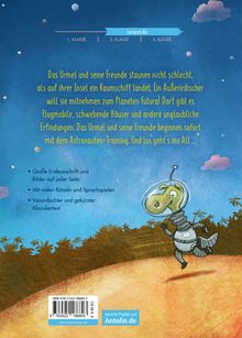 Text: "Das Urmel und seine Freunde staunen..." Illustration von Urmel im Astronautenanzug auf einer Insel mit Planeten am Himmel.