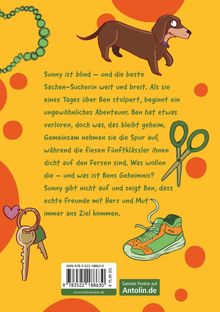 Text über ein blindes Mädchen Sunny, die gut Dinge findet, und ein Abenteuer mit Ben. Illustrationen eines Hundes, einer Schere, Schlüssel und Sneakers auf orangefarbenem Hintergrund.