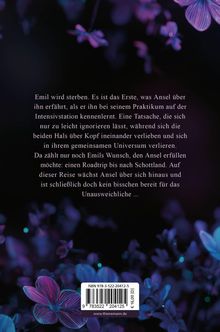 Ein poetischer Text über Emil, der sterben wird, und Ansels Reise nach Schottland. Dunkler Hintergrund mit lila Blüten.
