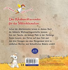 „Das Weihnachtswunder für die Allerkleinsten.“ Ein Hund sitzt auf einem gelben Boden, ein Engel fliegt oben links.