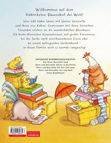 Willkommen auf dem fröhlichsten Bauernhof der Welt! Henne Henriette liest, Küken auf Büchern, bunte Illustration.