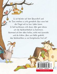 Text beschreibt Winter auf einem Bauernhof. Tiere helfen bei Weihnachtsvorbereitungen. Hahn Henri ist beschäftigt. Illustrationen zeigen einen Hahn, Kühe und Vögel.