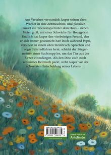 Ein Text über Jasper, der einen Triceratops aus der Urzeit trifft, vor einer Illustration mit einer Blumenwiese.