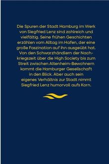 Gelber Text auf dunkelblauem Hintergrund beschreibt Siegfried Lenz’ vielfältige Erzählungen Hamburgs; darunter ein gelbes Wellenlogo.
