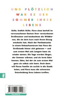 "Und plötzlich war es der Sommer ihres Lebens" in bunten Buchstaben. Text über Flora im Garten ihrer Großmutter.
