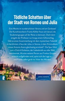 Buchtitel: "Tödliche Schatten über der Stadt von Romeo und Julia." Hintergrund: Landschaft von Verona mit Gebäuden.