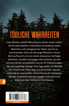 „TÖDLICHE WAHRHEITEN“. Text beschreibt Lena Meister, Privatdetektivin, die Menschen hilft. Logo links unten. Hintergrund: Wald.