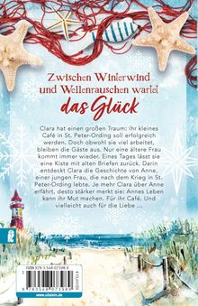 "Zwischen Winterwind und Wellenrauschen wartet das Glück." Eine winterliche Illustration mit Strand, Seesternen und Leuchtturm.