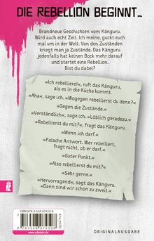 „Die Rebellion beginnt“ und Dialog über Rebellion mit einem Känguru. Darstellung mit rosa Farbe und Verlagslogo.