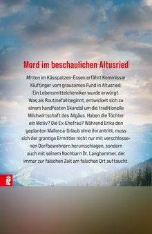 "Mord im beschaulichen Altusried" steht oben. Darunter Text über Kommissar Kluftinger und einen Kriminalfall. Hintergrund: Landschaft mit Himmel.
