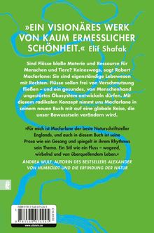 Zitat Elif Shafak: Ein visionäres Werk. Text beschreibt Flüsse als lebendig. Lob von Andrea Wulf. Grüne Fläche, blaue Linien.