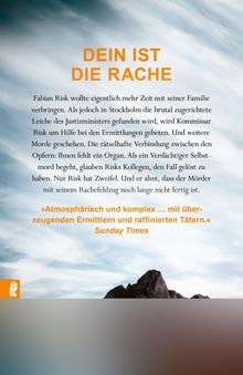 Titel: DEIN IST DIE RACHE. Dahinter Himmel und Bergsilhouette. Zitat: "Atmosphärisch und komplex..." von Sunday Times.