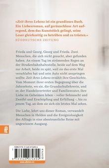 Zitat von Süddeutsche Zeitung preist "Zeit ihres Lebens" als bewegenden Liebesroman. Geschichte von Frieda und Georg. Unten links ist ein Logo.