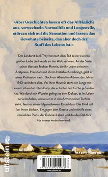 Zitat: „Aber Geschichten lassen oft das Alltägliche aus…“. Text über Landarzt Jack Troy, seine Tochter und ein Baby. Unten sind ISBN, Preis und ein Landschaftsgemälde mit Häusern.