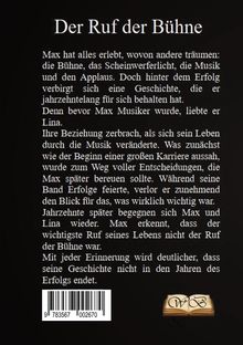 "Der Ruf der Bühne" ist der Titel. Der Text beschreibt Max' Lebensweg, seine Liebe zu Lina und seine Erkenntnisse. Unten ist ein Logo.