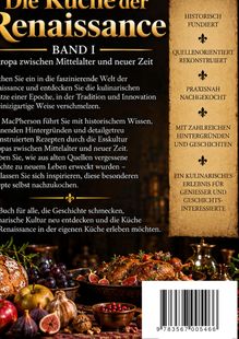 "Die Küche der Renaissance" steht in großen goldenen Buchstaben oben. Darunter Lebensmittel wie Früchte und Fleisch.