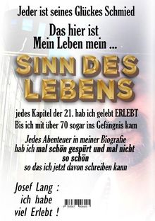 Text in großen, gelben 3D-Buchstaben: "SINN DES LEBENS". Hintergrund leicht verschwommenes Stadtbild.