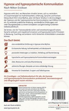 Ein Buchcover mit dem Titel "Hypnose und hypnosystemische Kommunikation". Es beschreibt Inhalte und Vorteile des Buches.