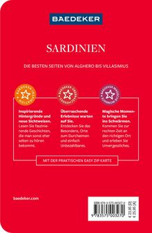 Blaue "BAEDEKER" Logo oben. "SARDINIEN" in weiß. Rote Rückseite mit drei kreisförmigen Symbolen und Texten über Erlebnisse.