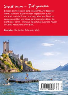 Text über Reisen in Verona mit Baedeker, gefolgt von einem Schloss auf einem Hügel am See mit Badenden auf einem Steg.