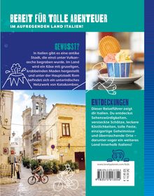 Bereit für tolle Abenteuer im aufregenden Land Italien! Illustration mit Eisbecher, antiker Stadt und Fahrradfahrer auf italienischem Platz.