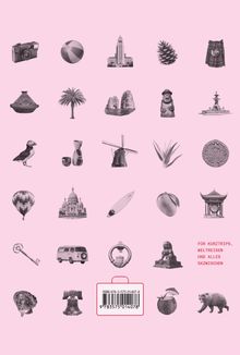 Auf rosa Hintergrund stehen: "FÜR KURZTRIPS, WELTREISEN UND ALLES DAZWISCHEN". Verschiedene Reise-Symbole in Reihen.