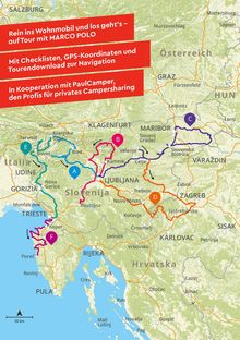 Touristische Karte mit markierten Routen in Italien, Slowenien, Kroatien und Österreich. Zahlreiche Städte sind benannt.