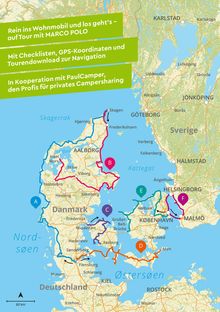 Rein ins Wohnmobil und auf Tour mit MARCO POLO. Eine bunte Karte von Dänemark und Südschweden mit markierten Routen.