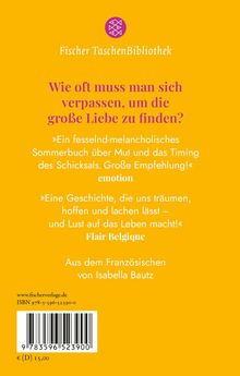 „Wie oft muss man sich verpassen, um die große Liebe zu finden?“ steht zentral in lila Text auf gelbem Hintergrund. Darunter zwei Zitate. Oben ist ein Logo.