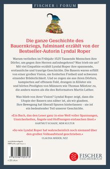 FISCHER FORUM, über Bauernkrieg von Lyndal Roper. Oben Illustration mit Helm. Zitate von Schade und Mäder unten. FISCHER Logo.