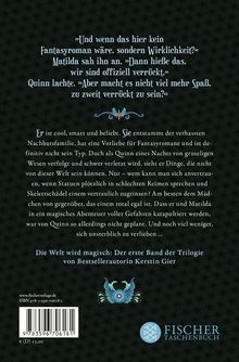 Zitat über einen Fantasyroman, der Wirklichkeit wird. Zwei Personen, Abenteuer und Romanze. Logo des FISCHER Taschenbuchs.
