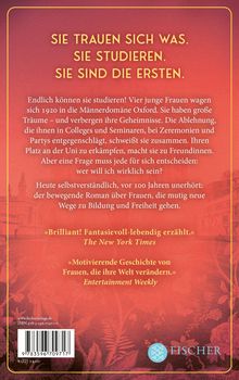 Roter Hintergrund mit Text über Frauen, die 1920 in Oxford studieren. Zitate von „The New York Times“ und „Entertainment Weekly“.