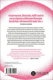 Zitat von Thomas Mann: "Euch warnen, Deutsche, heißt..." Text über Manns Exil und antinazistische Radioreden. Fischer Taschenbuch Logo.