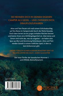 Text: "SIE NEHMEN DICH IN DEINEM EIGENEN CAMPER ALS GEISEL..." Unten Waldlandschaft bei Dämmerung, Logo "FISCHER TASCHENBUCH".