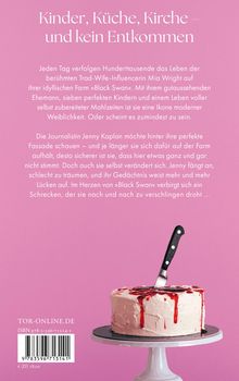 Titel: "Kinder, Küche, Kirche – und kein Entkommen". Text über eine perfekte Fassade. Kuchen mit Messer und rotem Topping.