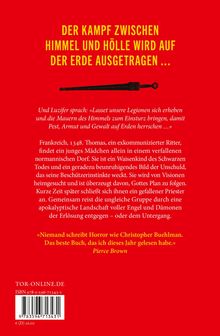 Große gelbe Schrift: "DER KAMPF ZWISCHEN HIMMEL UND HÖLLE WIRD AUF DER ERDE AUSGETRAGEN…" Rotes Artwork.